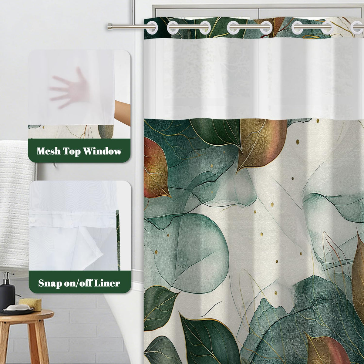 Abstract Botanical Leaf Shower Curtain No Hooks with Liner (Green Leaf)