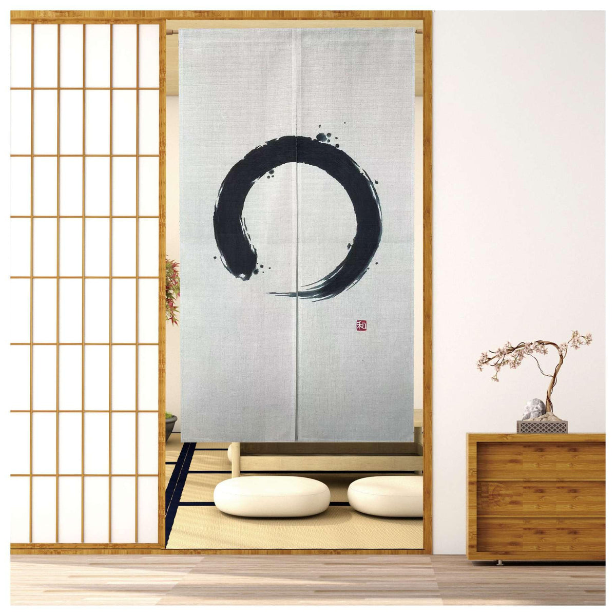 Noren Japanese Doorway Curtain Zen Circle Enso Yoga Feng Shui Asian Tapestry Decorations Room Divider Privacy Oriental Traditional Chinese (Zen Art Enso Circle / 33.5"W x 59"L (Pack of 1))