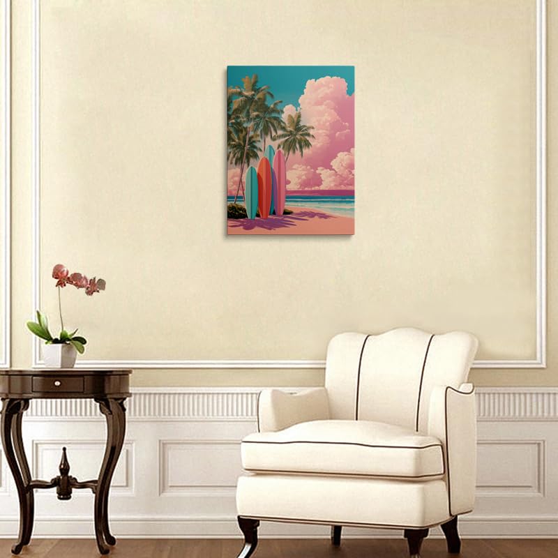 Coastal Surfboard Wall Art Canvas Framed Tropical Beach Painting Retro Pastel Pink Teal Coral Palm Trees Ocean Scene Wall Decor Artwork Poster 16x24 Inches (Pink Sand Beach / 24"L x 16"W)