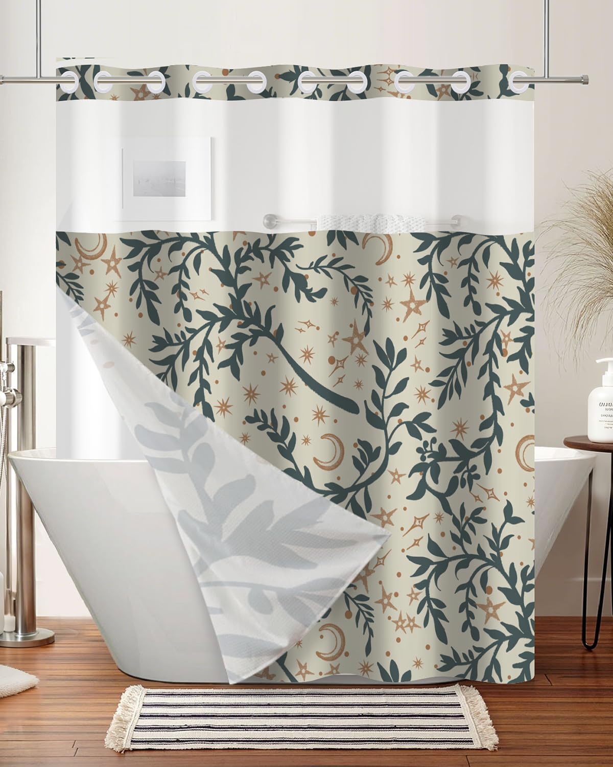 Boho Celestial Shower Curtain with Snap in Removable Liner (Moon and Star)