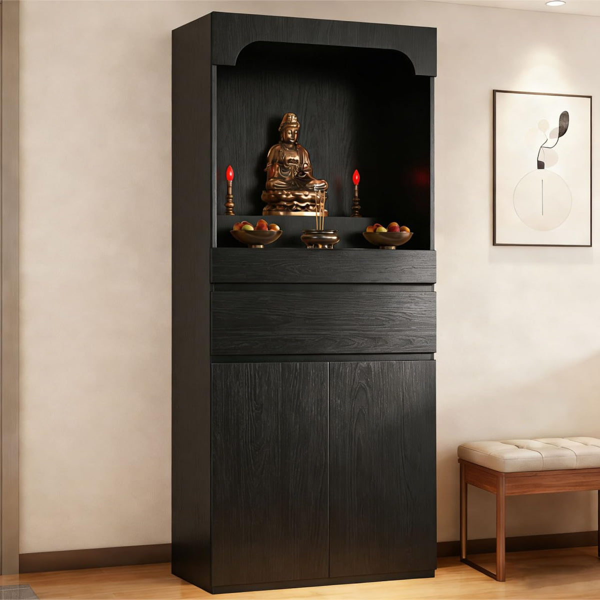 Altar Table Pooja Cabinet with Drawers and Storage Cabinets (35.4×15.7×65.4in / Black)