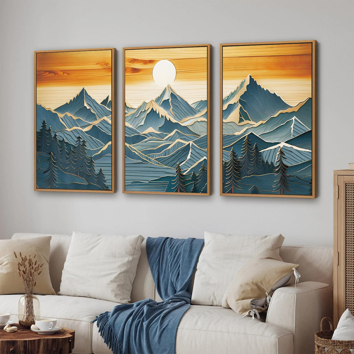 Large Mountains Framed Canvas Wall Art Set of 3 (Vintage Mountain / 36"L x 24"W)