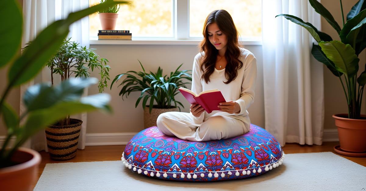 Round Mandala Floor Pillow Cover Seating Cushion Throw Cover Ottoman Pouf Cover Pom Pom Pillow Cases Hippie Decorative Bohemian Boho Indian 22 Inches (Purple Blue)