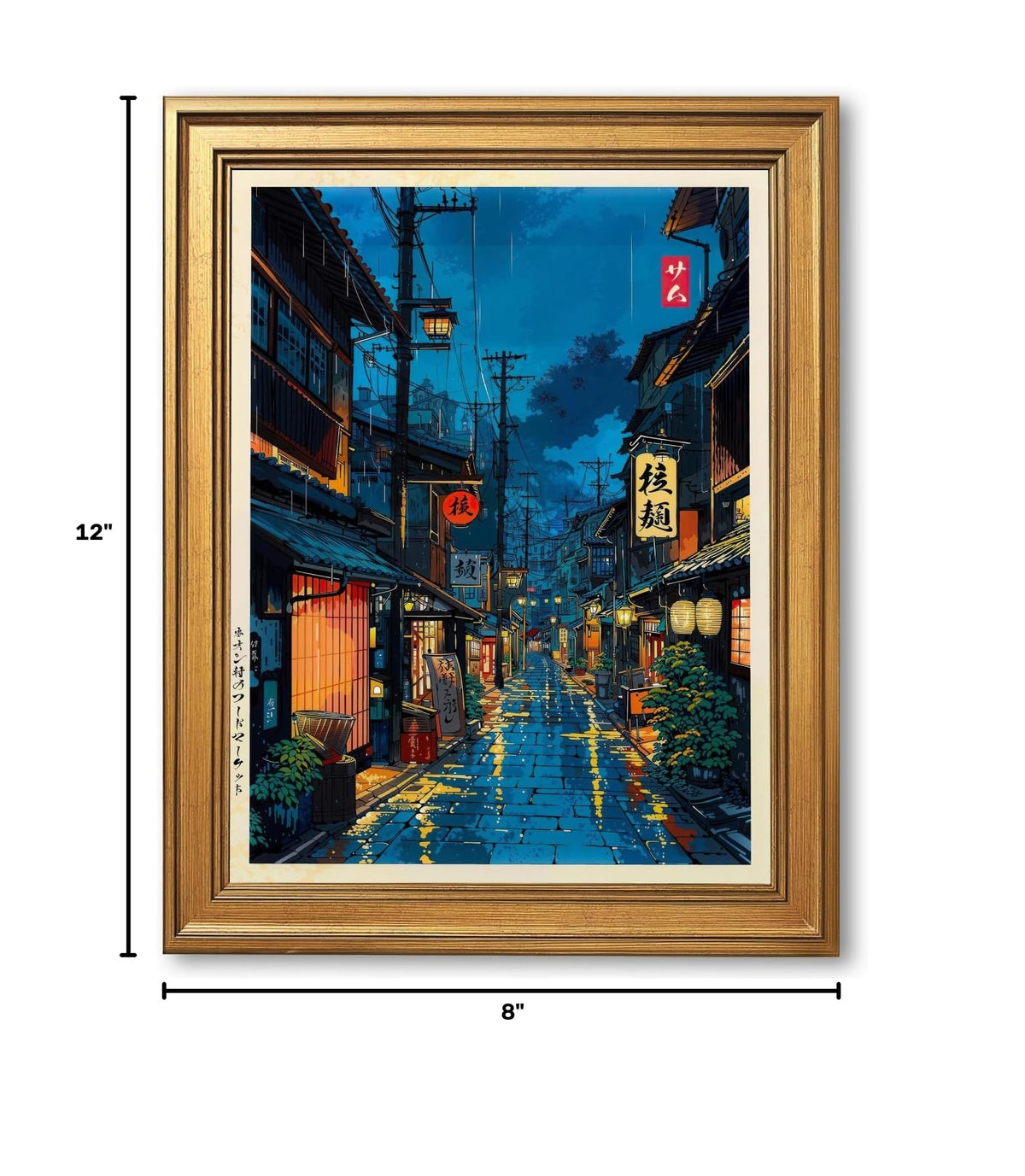 Japanese Tokyo Tea House Wall Art Poster Kyoto Night Street Art Canvas Print Retro Japan Illustration Wall Decor Vintage Urban Street Scene for Bedroom Living Room Aesthetic 8x12inch Vintage Framed (8"L x 12"W / style-1 Vintage Framed)