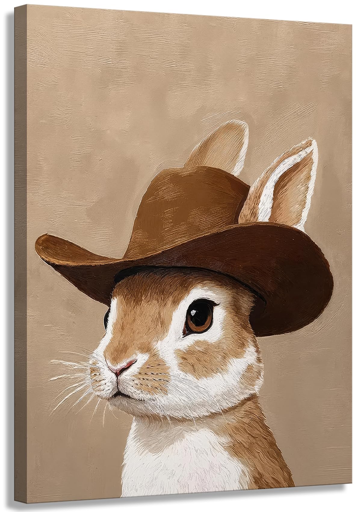 Bunny cowboy canvas wall art Brown western wall decor picture western nursery Poster Print Bunny Neutral Animal Painting Artwork for bathroom bedroom home decoration (Cowboy Bunny / 24"L x 16"W)