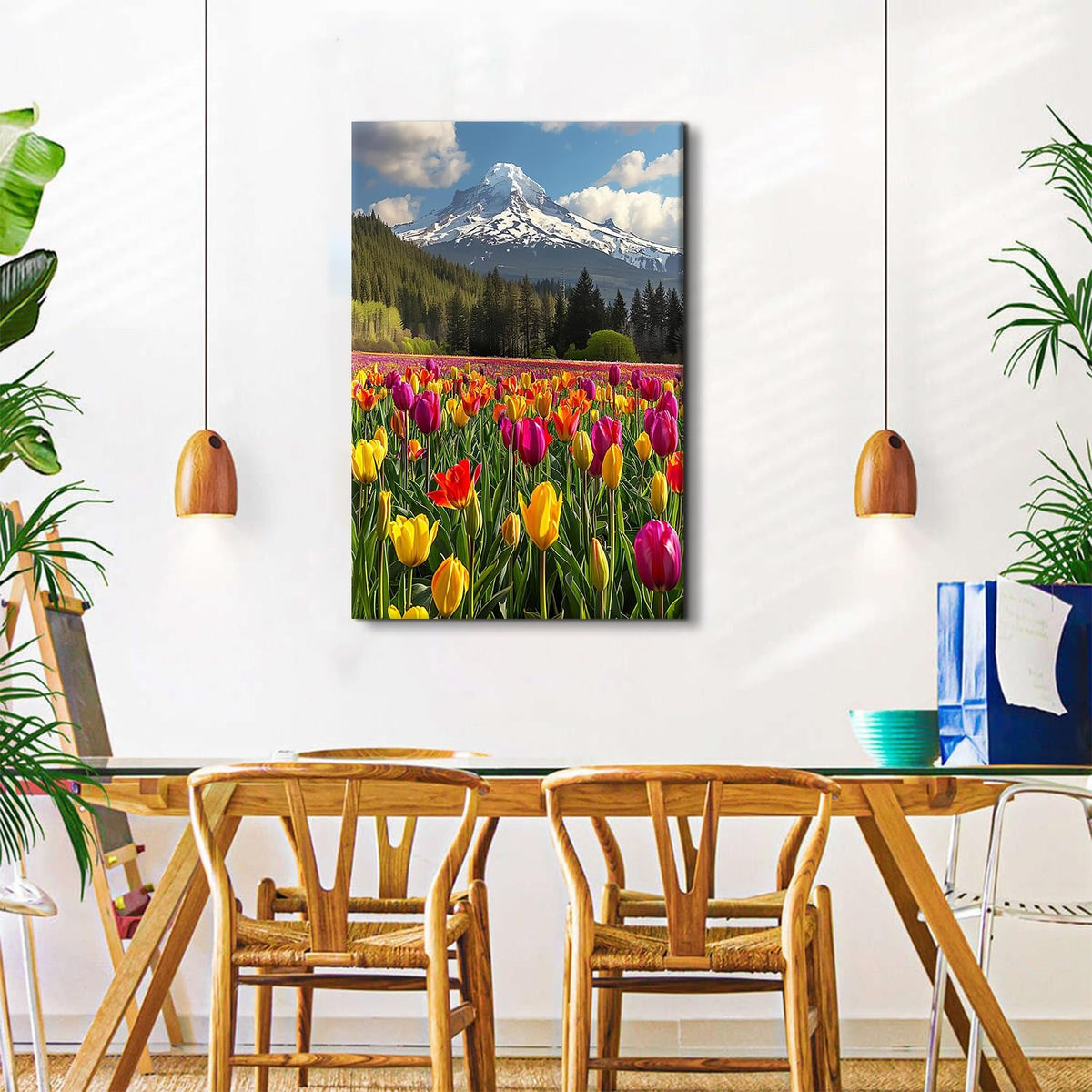 Yellow Flowers Wall Art Mountain Wall Decor for Living Room Tulips Floral Field Scenic Pictures Snowy Mountain Landscape Canvas Prints Floral Nature Forest Paintings Artwork Home Decoration 32x48" (48"L x 32"W / YellowTulips)