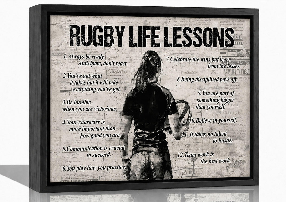 Black Framed Girl Rugby Life Lessons Canvas Wall Art 16x24in (Girl Rugby / 24"L x 16"W)