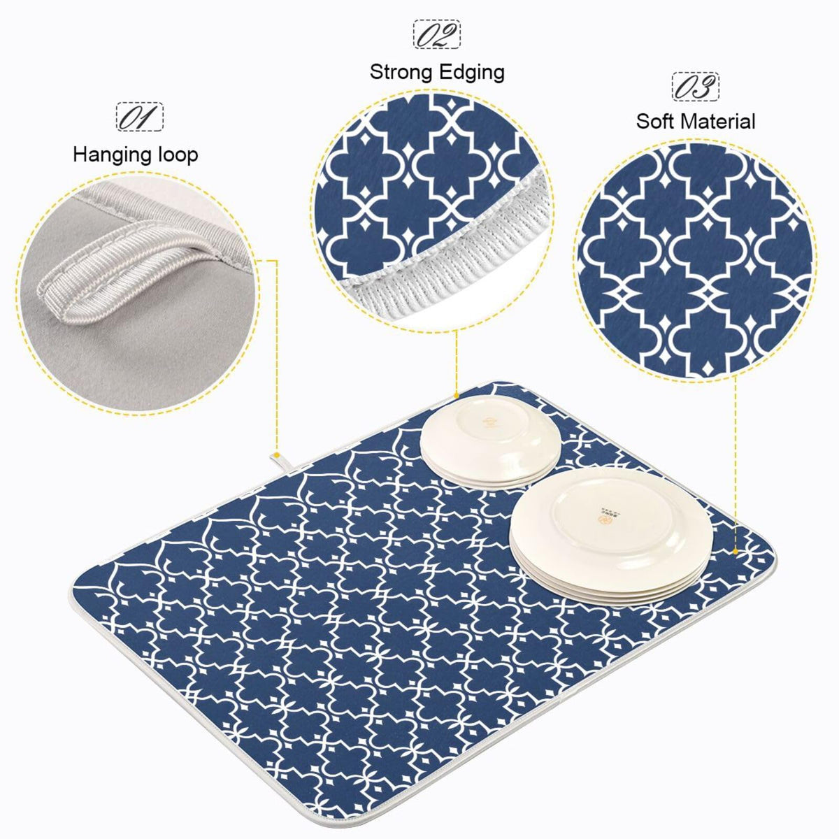 Super Absorbent Dish Drying Mat Microfiber Fast (Navy Blue Moroccan / 18" x 24")
