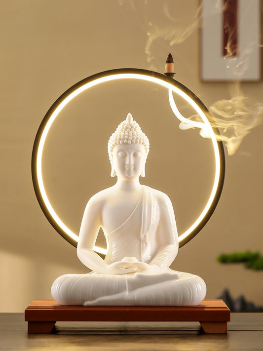 12 inch White Buddha Statue Indoor with 15.7 inch Circle LED Light (White)