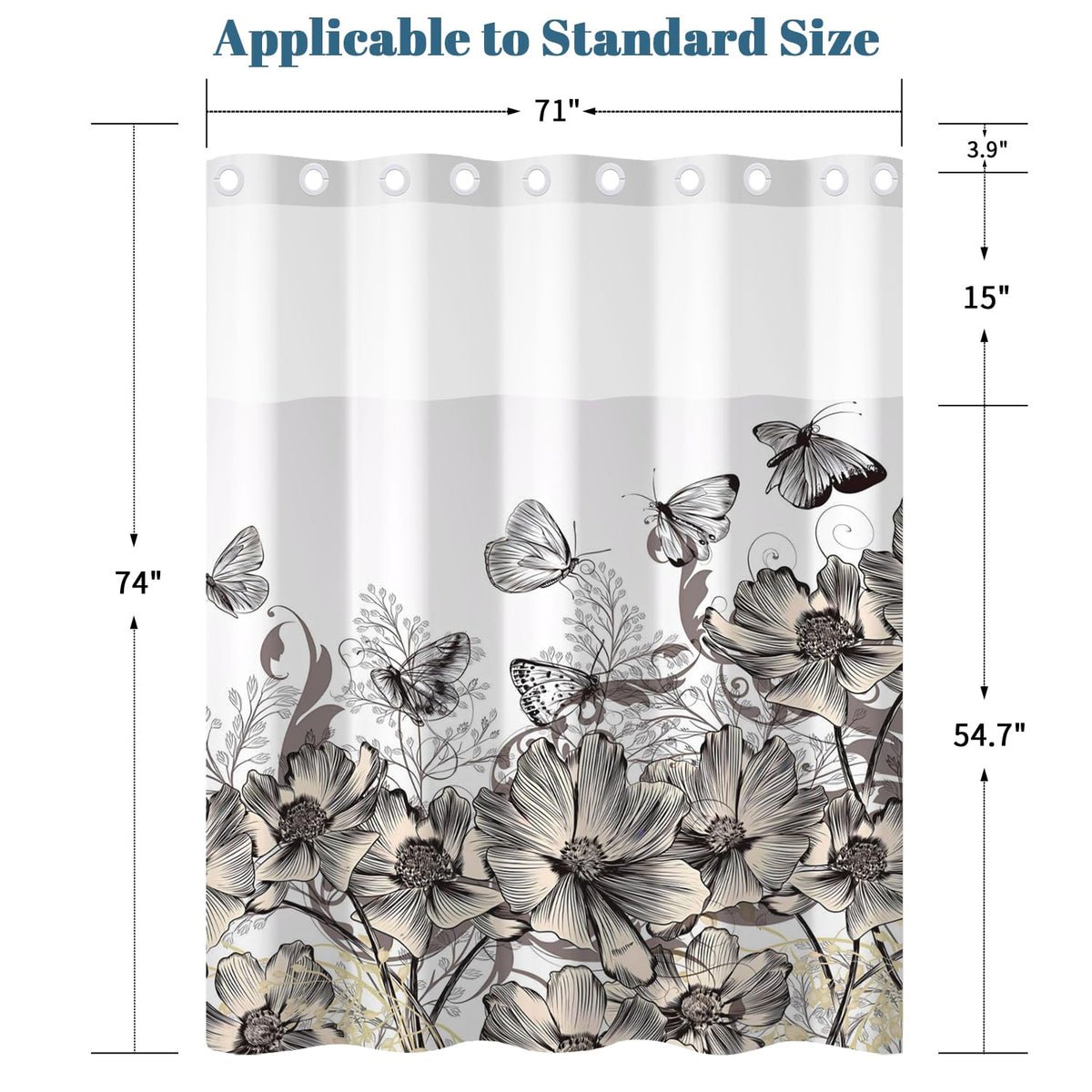 Butterfly Floral Shower Curtain with Snap in Liner (Floral-8)
