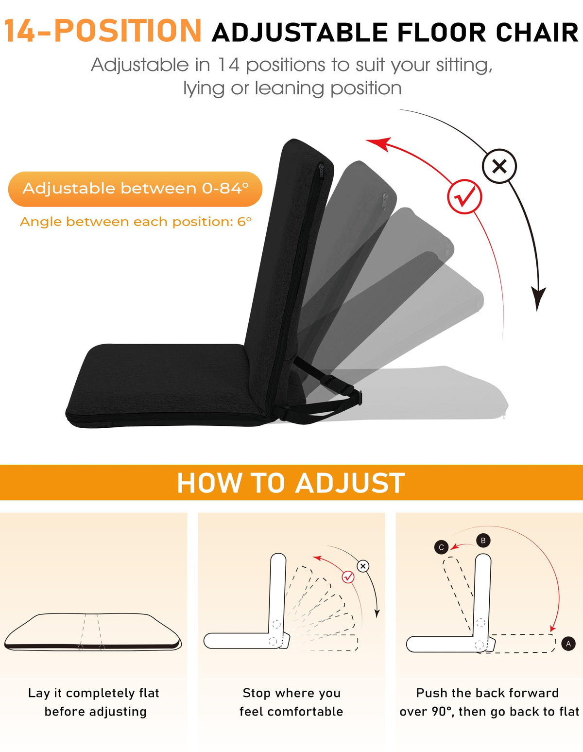 Adjustable Floor Chair with Back Support Foldable Meditation Chair (Black)