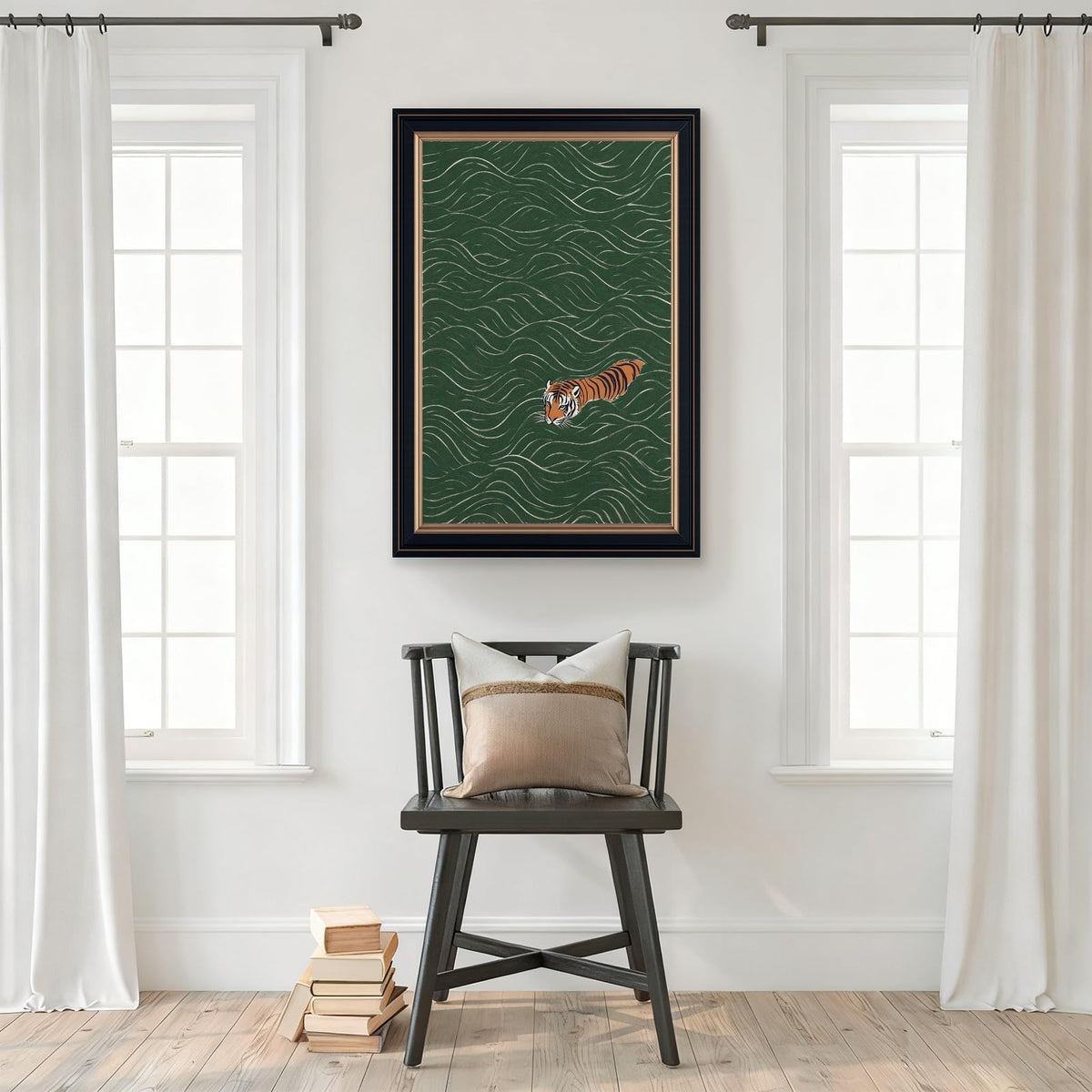 Framed Japanese Tiger Swimming Wall Art Ukiyo (16"L x 24"W / Style-3 Retro Black Frame)