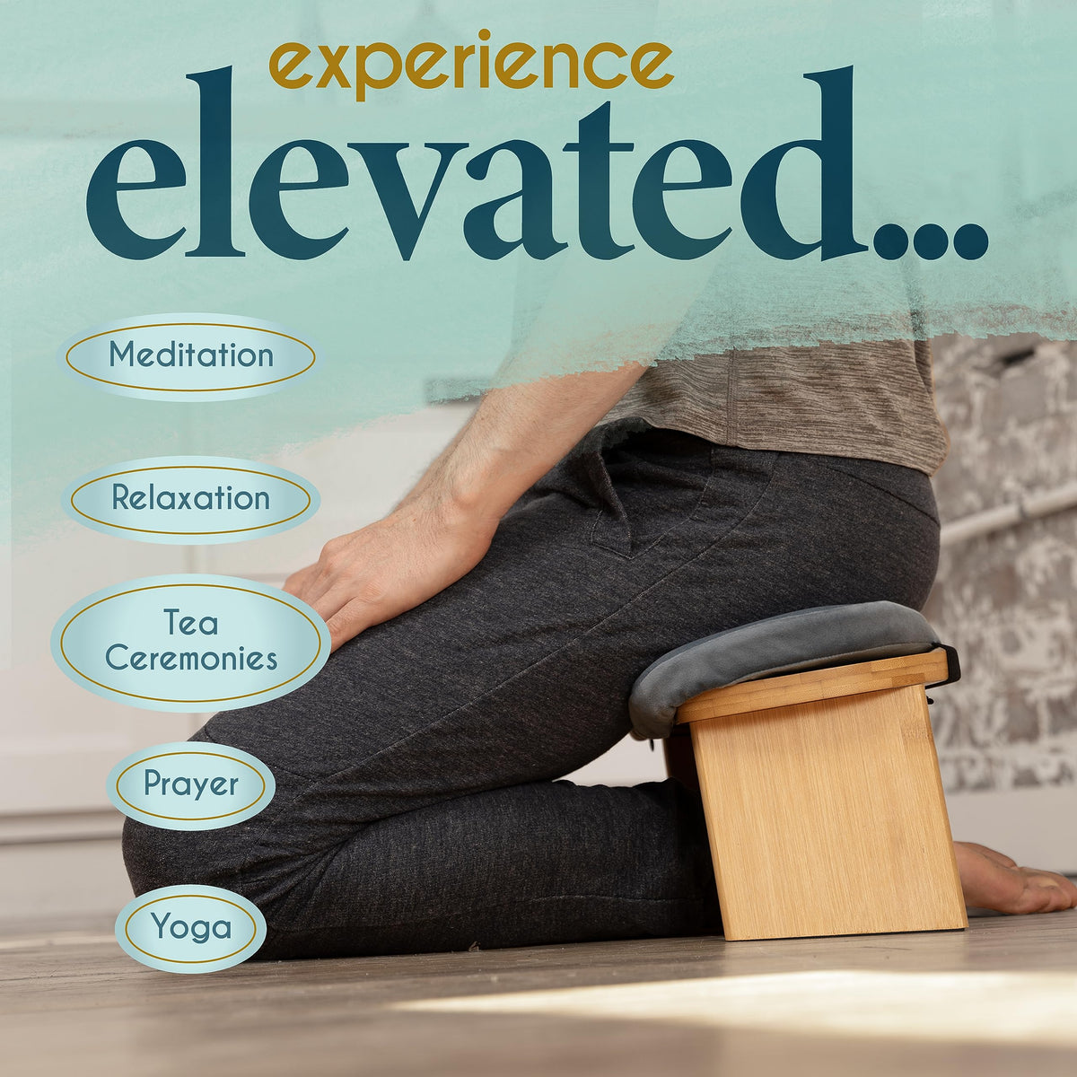 Bamboo Meditation Bench Foldable Ergonomic Prayer Stool Cushion (Sage Green)