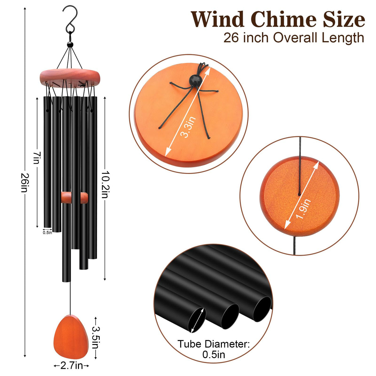 Aluminium Wind Chimes for Outside (Black Wind Chime-26“)
