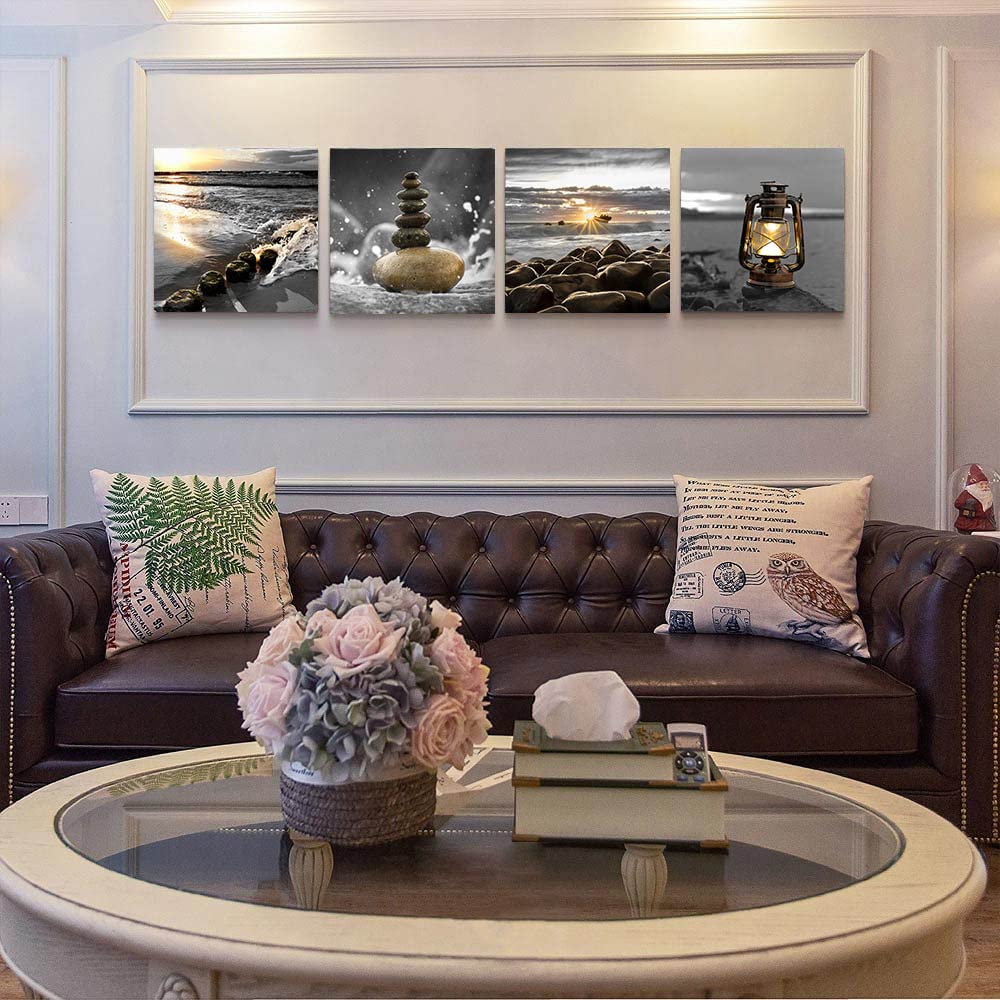 Canvas Zen Décor Black and White Beach Wall Art Ocean Poste Seascape Picture Print Sunset Scenery Painting Artwork for Living Room Wall Decor Bedroom Bathroom Wall Home Decorations Framed (black white bech zen / 12"L x 12"W x 4 pcs)
