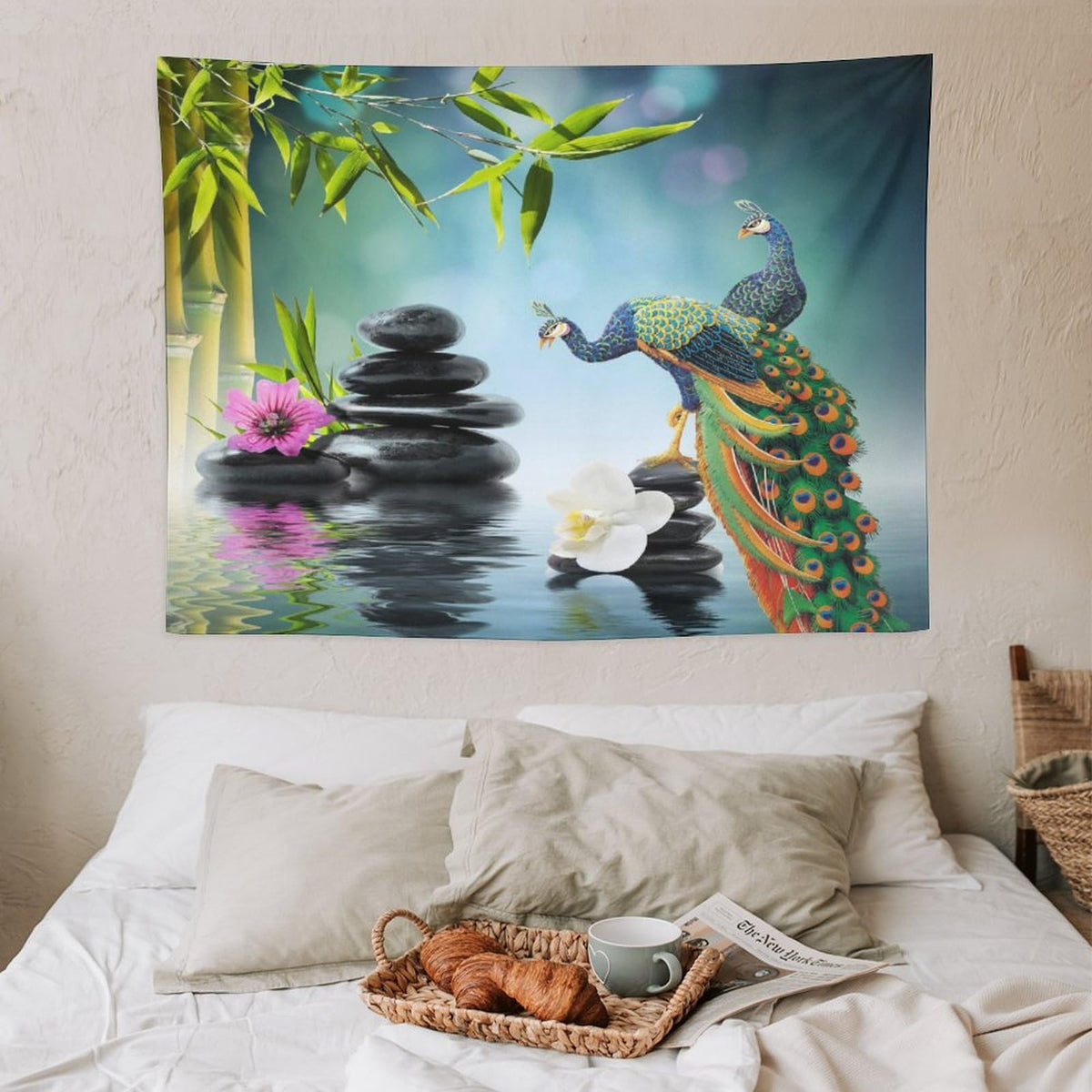 Zen Garden Tapestry Wall Hanging Peacock Green Bamboo Leaf Purple White Flower Black Stone Water Landscape Spa Themed Tapestries Home Decor for Living Room Bedroom 30"x40" (30"L x 40"W / Zen-9)
