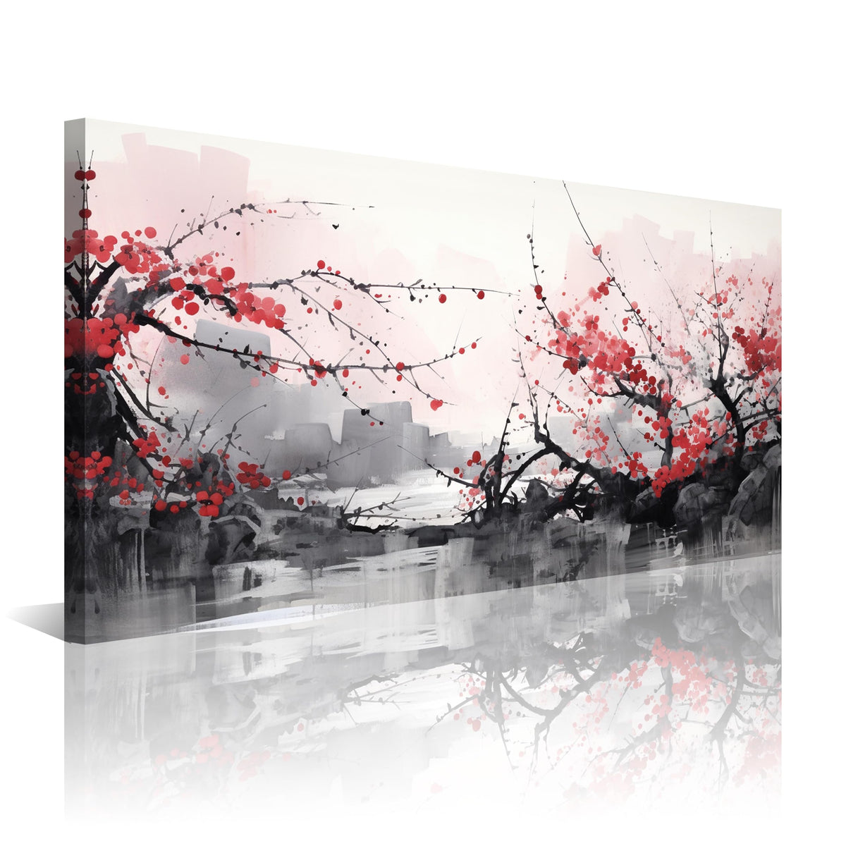 3PCS Asian Ink Style Cherry Blossom Canvas Wall Art Red Plum Flower Landscape Minimalist Zen Nature Scene Oriental Watercolor Artwork for Bedroom Living Room Office or Meditation Space Decor (Red-One Piece-2 / 16x8 inches (1 piece))