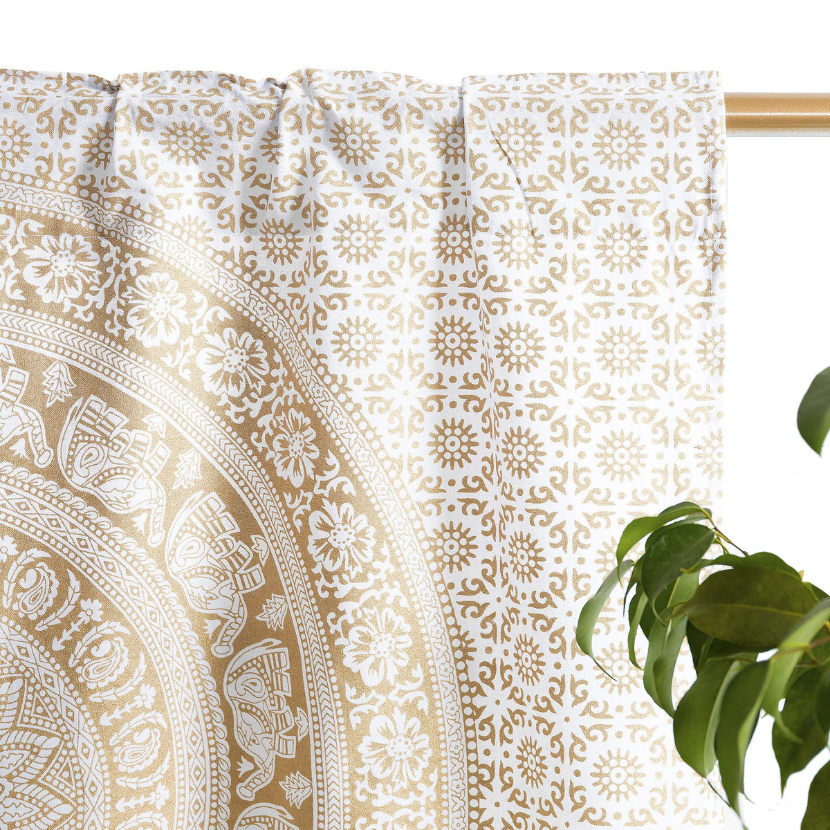 Indian Hippie Mandala Kitchen Window Curtains (18"W x 32"L (Pack of 2) / White and Gold)