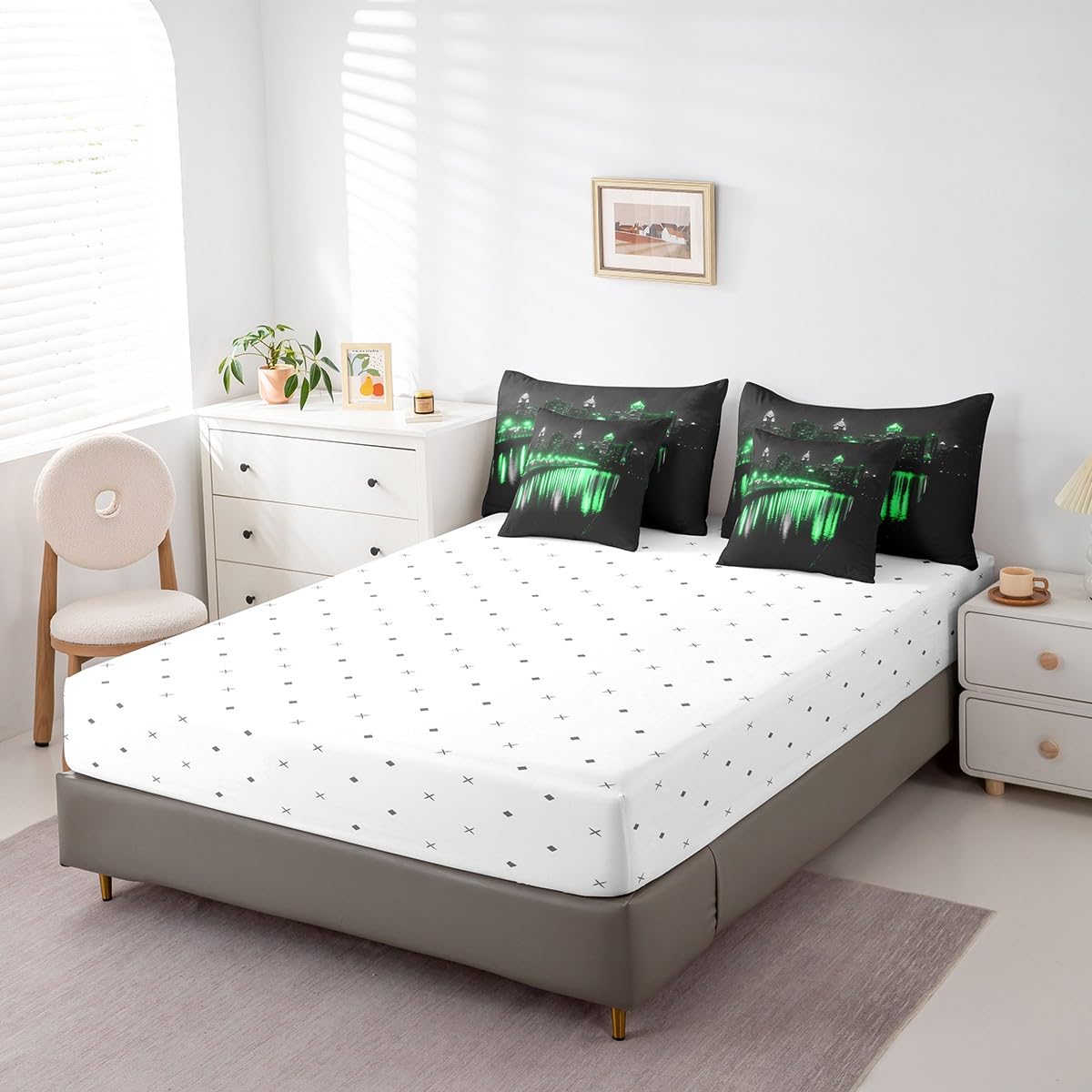 Golden Gate Bridge Comforter Set with Sheets King Size Kids Nightscape 7 Piece Bedding Set All Season Teens City Scenery Bed in A Bag Breathable Soft Lightweight Black Green Room Decor (Carbon Black Green / King)