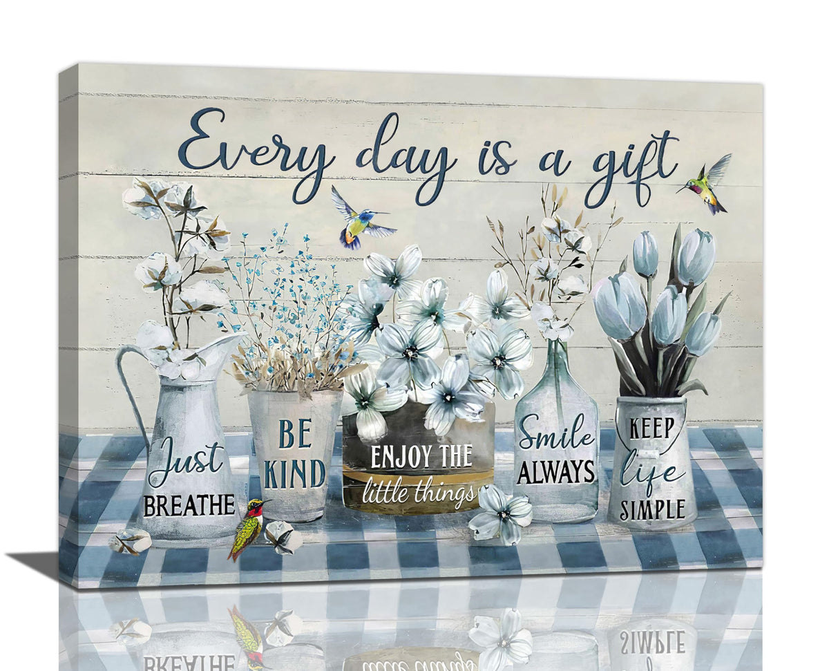 Farmhouse Flower Bathroom Decor Wall Art Rustic Flower Every Day Is A Gift Floral Spring Summer Pictures Wall Decor Canvas Painting Prints Artwork Framed for Bedroom Living Room 24"x16" (Everyday Is A Gift / 24"L x 16"W)
