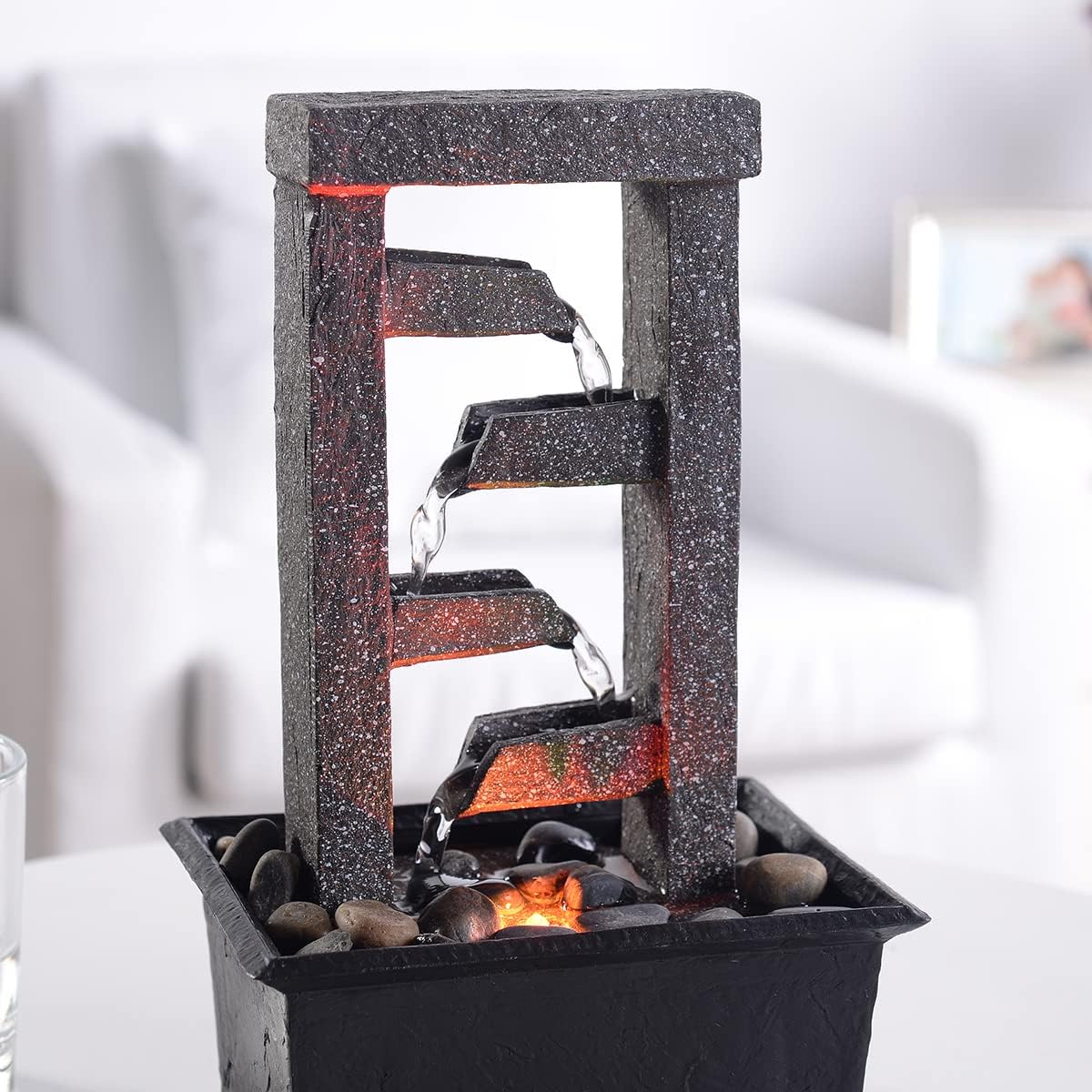 10" 4 Tier Tabletop Waterfall Fountain with Natural River Rocks (Cascading Ladder)