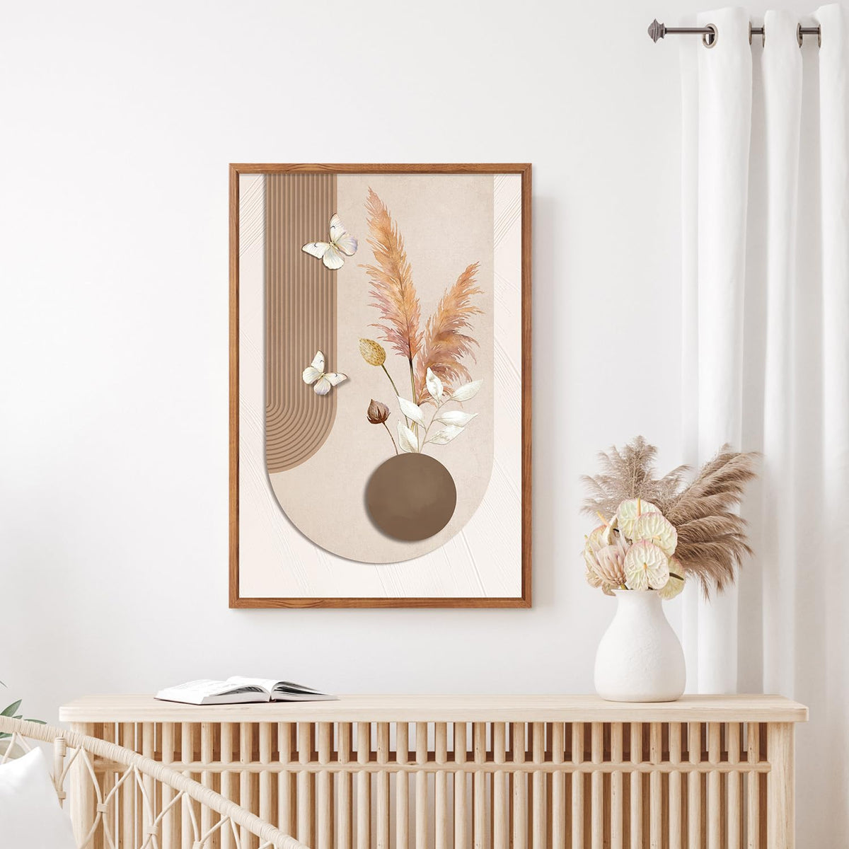 Boho Neutral Framed Wall Art Beige Minimalist Line Art Woman Artwork (Beige / 24"L x 36"W)
