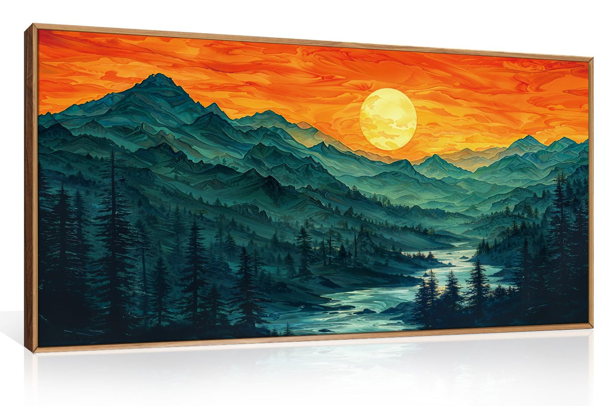 Boho Mountain Sunset Landscape Framed Canvas Wall Art (Woodland Wall Art / 40"L x 20"W)