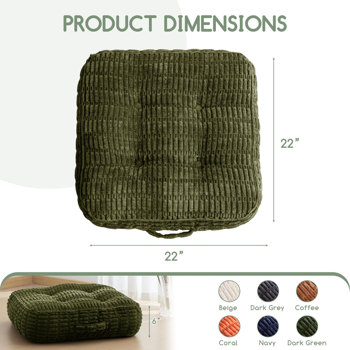 6" Floor Pillow Cushion for Adults (Square Dark Green / 6" Thick(Pack of 1))