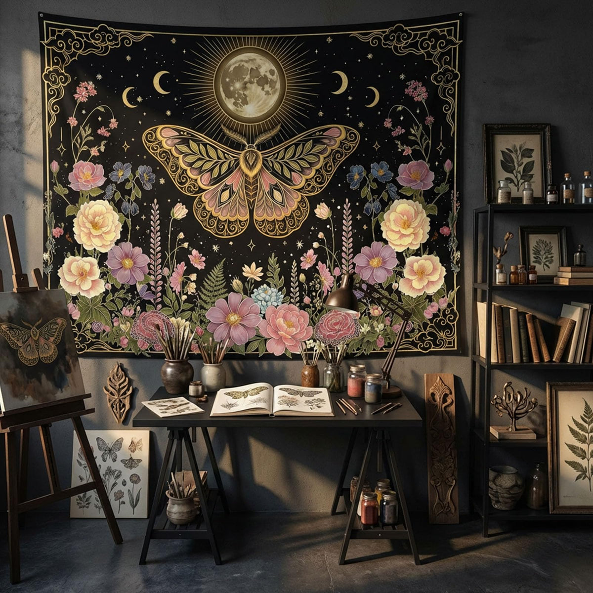 Tapestry Moon Moth and Floral Tapestries Witchy Cottagecore Tapestries Mystical Nature Wall Tapestry Bedroom Dormitory Living Room Decoration 60"x44" (Black Pink / 60"L x 44"W)