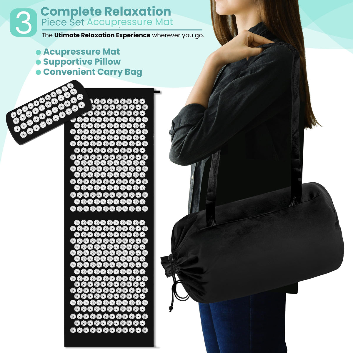 Sivan Acupressure Mat & Pillow Set for Back & Neck (Black/White / XL)