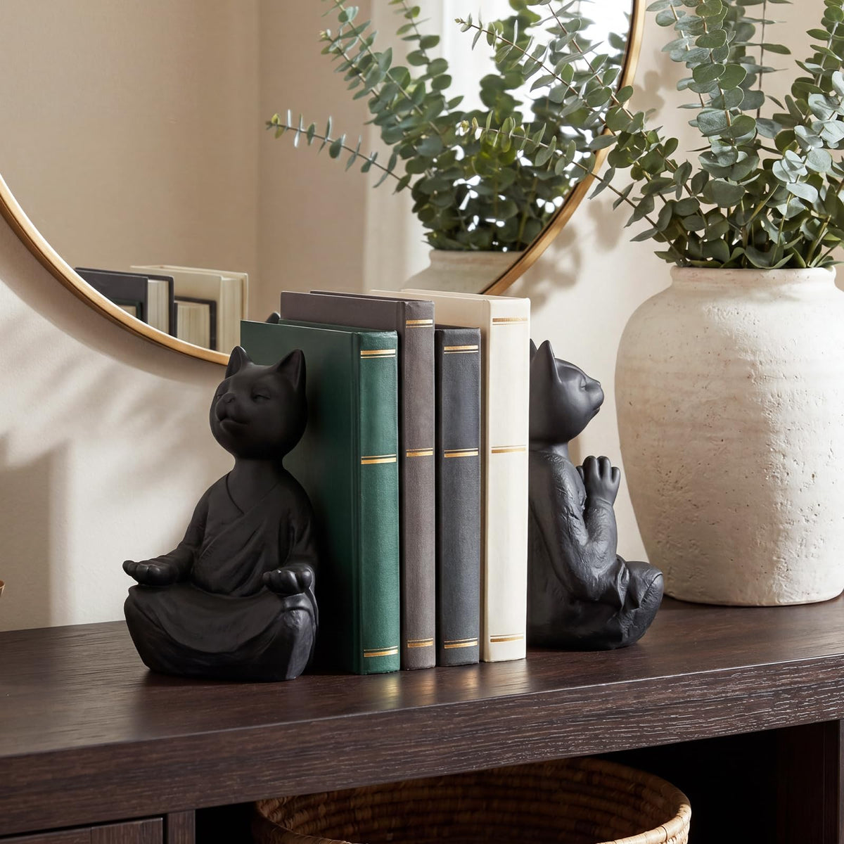 Meditating Cat Bookends (Black)
