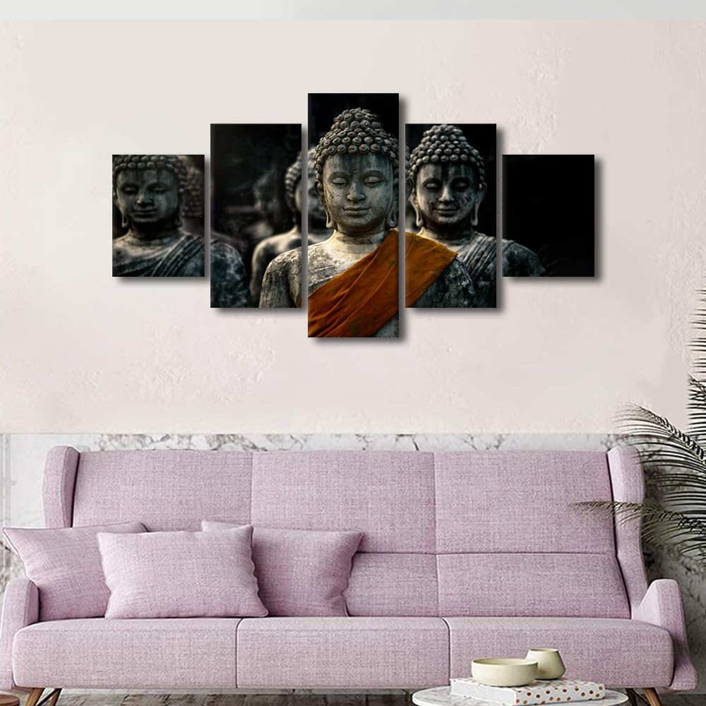Canvas Wall Art Modern Office Wall Decor Thailand Buddha Statue Buddha Pagoda Picture Printing 5 Panel Buddha Zen Wall Art for Men Living Room Decor Stretched and Framed Ready to Hang 60x32 in (60x32 in / 5PANEL-12)
