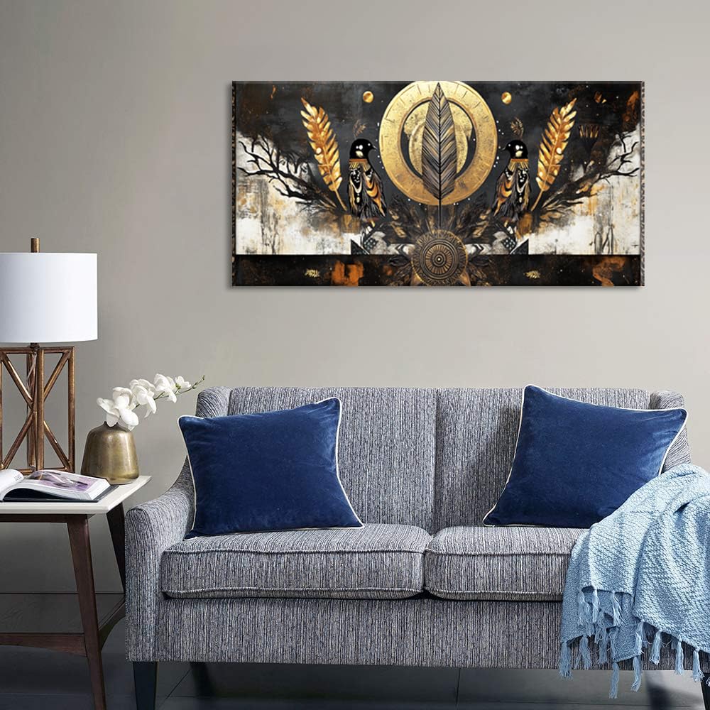 Gold Black Two Symmetrically Ravens Wall Art for Living Room Office Mystical Symbolic African Tribal Painting Prints Abstract Canvas Artwork Dining Bedroom Decor Extra Large (Abstract / Gold Black Two Ravens Wall Art / 58"L x 28"W)