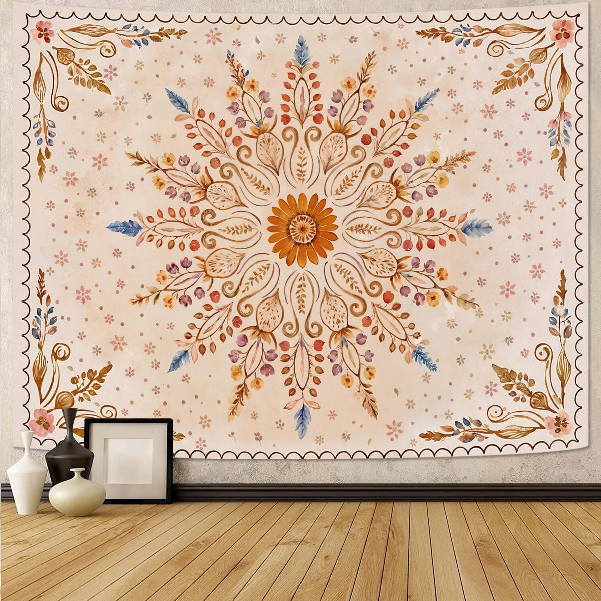 Boho Floral Mandala Tapestry for Bedroom Aesthetic Watercolor Bohemian Flower Wall Tapestry Brown Beige Hippie Indian Small Tapestries Wall Hanging for Living Room Dorm Decor 40 x 30 Inch (Brown Yellow / 40"L x 30"W)
