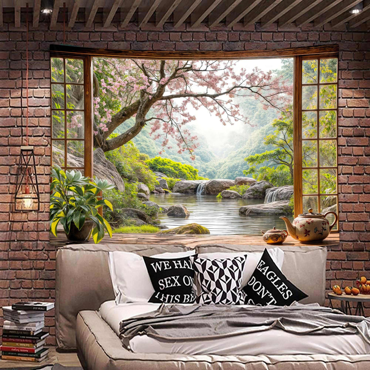 Japanese Scenery Window View Tapestry (Pink / 40"L x 60"W)