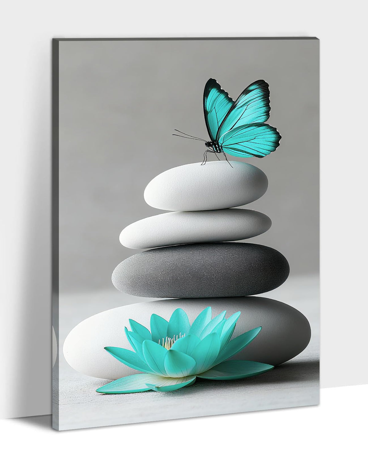 Zen Canvas Wall Art Lotus Decor Spa Stones and Butterfly Picture Water Lily Painting Teal Prints Meditation Artwork for Bathroom Spiritual Yoga Decor Framed (36"L x 24"W / E - Zen)