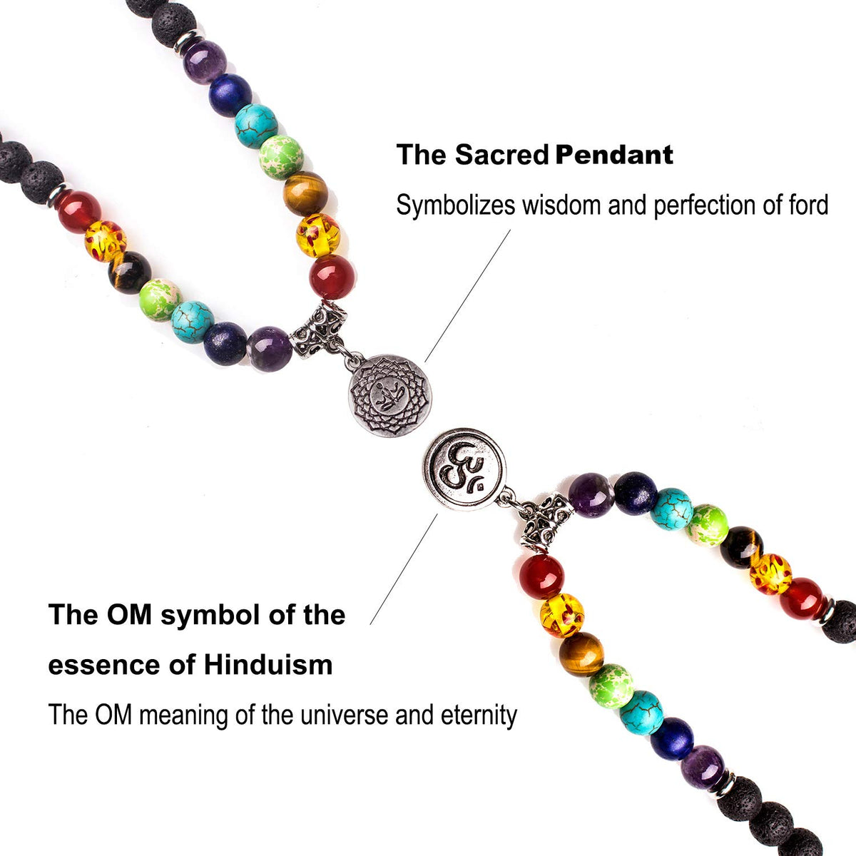 Necklace 108 Mala Beads Bracelet Buddhist Prayer Pendant Necklace (Lava-OM Buddha)