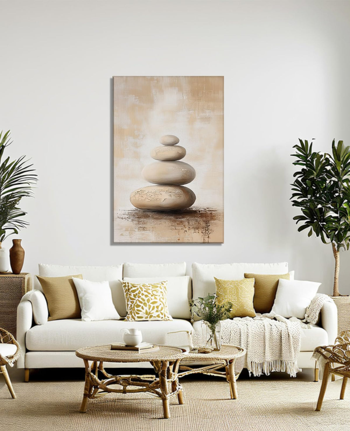 Zen Canvas Wall Art Spa Stones Picture Wall Decor Framed Meditation & Calm Painting Minimalist Prints Spiritual Room Living Room Bathroom Ready to Hang (36"L x 24"W / O - Tan)