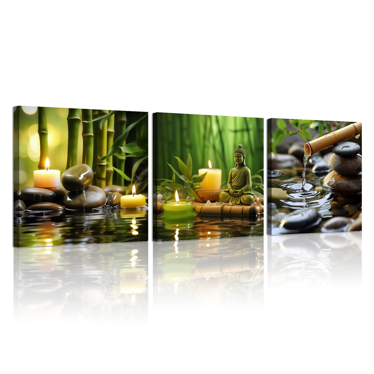 Set of 3 Zen Canvas Wall Art Spa Stone Green Bamboo Zen Candles Buddha Pictures Relaxing Wall Art for Office Bedroom Living Room Bathroom Decor Ready to Hang (Zen 04 / 16"L x 16"W)