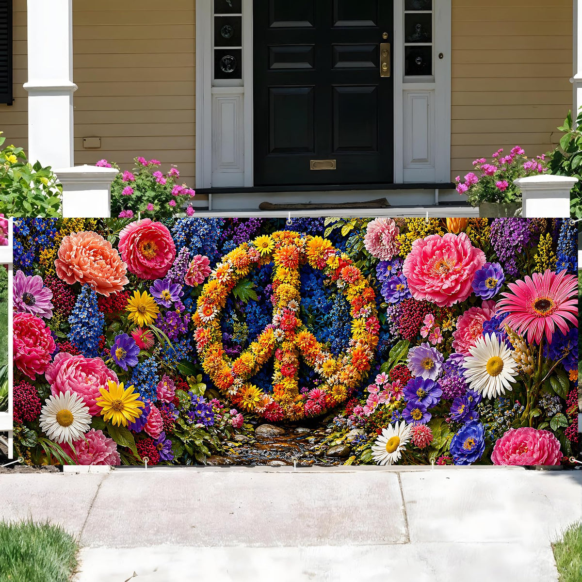 Floral Peace Sign Garage Door Banner Cover (207 / 7 x 16 ft)