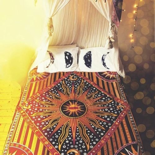 Wall Hanging Tapestry For Bedroom Hippie Burning Sun and Moon Meditation Bohemian Hippy Psychedelic Design Indian Tapestries Bedspread 30 x 40 Inches (40"L x 30"W / Golden)