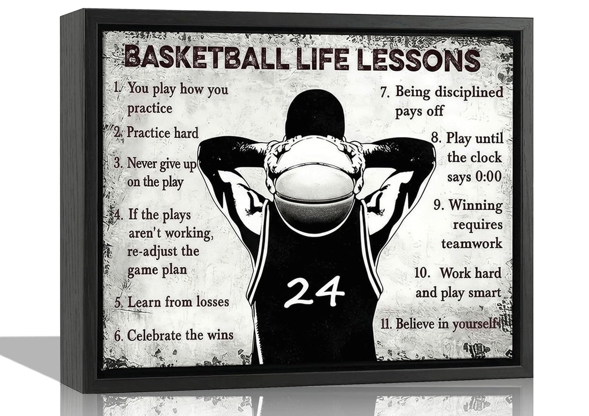 Black Framed Basketball Life Lessons Canvas Wall Art 16x24in (Basketball inspiration / 24"L x 16"W)