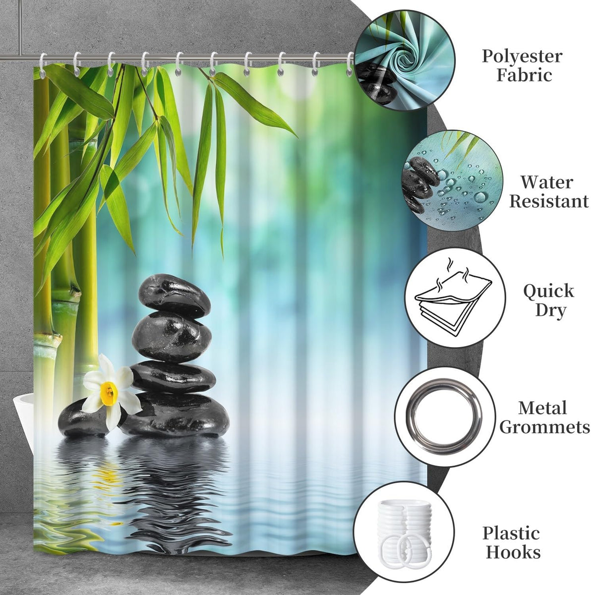 Zen Spa Shower Curtain Zen Stone Shower Curtain Lotus Bamboo Water Reflection Relaxing Meditation Waterproof Cloth Fabric Bathroom Curtains Set with Hooks Bath Bathtub Home Decor 60x72 inch (60"W x 72"L (Pack of 1) / Green 06)