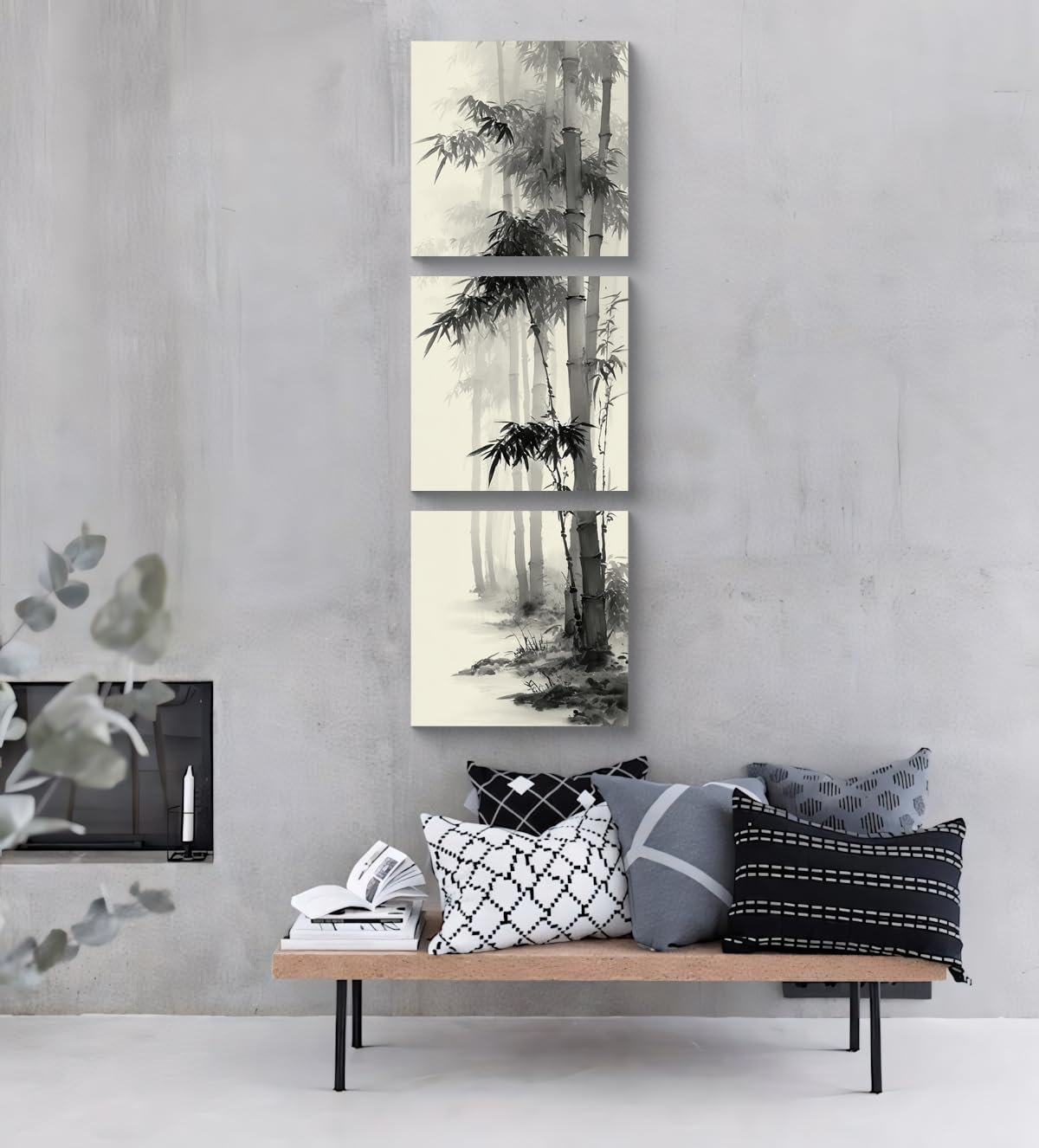 3PCS Vertical Black and White Bamboo Wall Art Asian Ink Painting Style Canvas Print Traditional Chinese Zen Minimalist Artwork Oriental Nature Forest Decor for Living Room Bedroom Meditation (Black and White Bamboo / 20x20 inches (3 pieces))