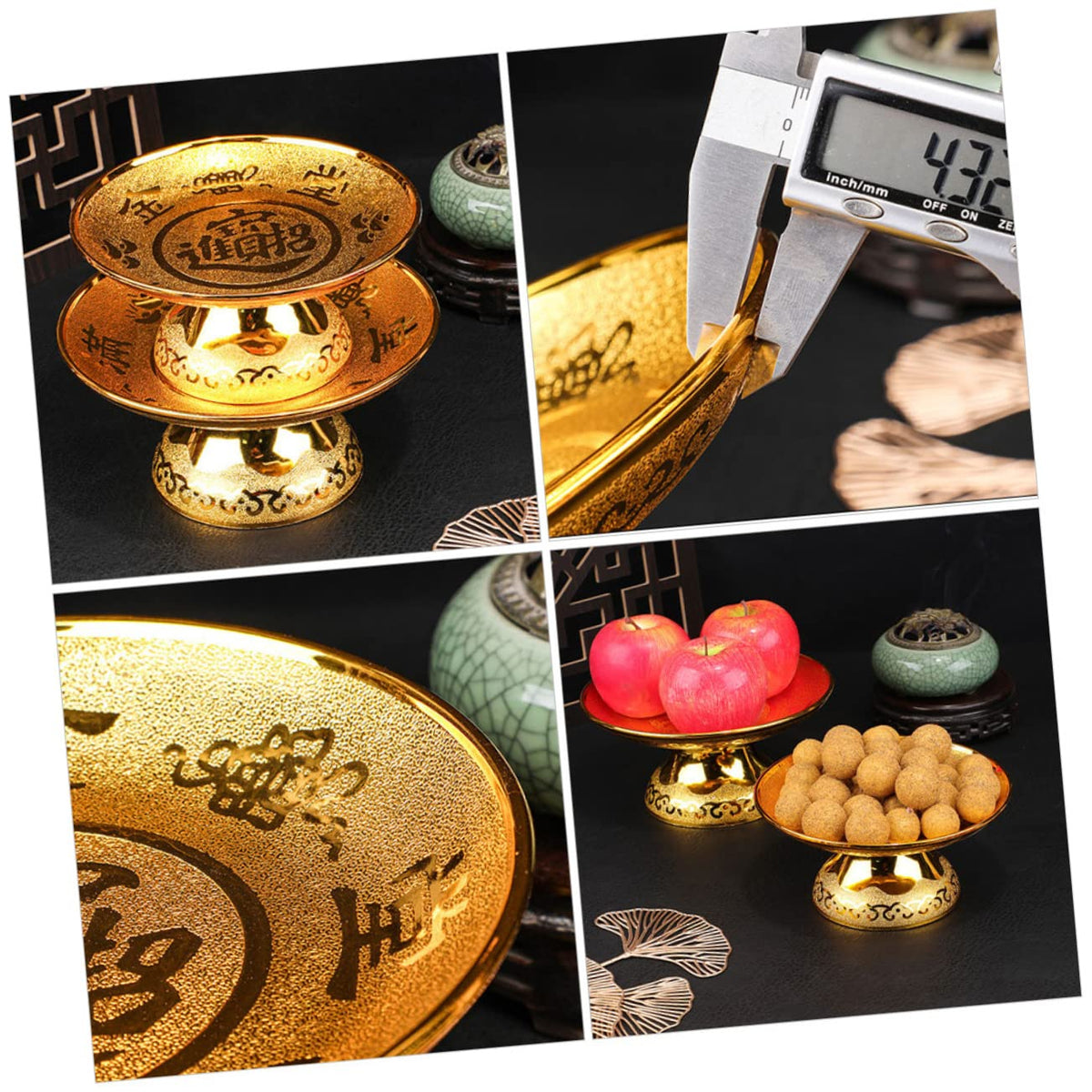 Utensil Tray 2pcs Buddhist Plate Offering Bowls Footed Fruit Tray Dessert Snack Container Tinplate Bowl Blessing Bowl for Rituals Incense Smudging Decoration Golden 7inch Cutlery (17.5x17.5CM)