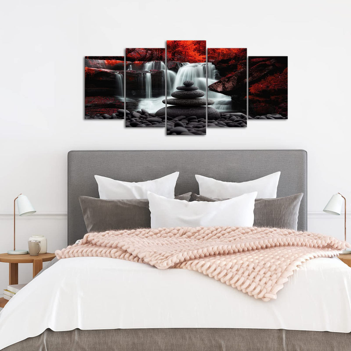 Black White Red Landscape Print Artwork for Living Room Red Tree Canvas Autumn Wall Art Zen Stones Waterfall Painting Picture Wall Decor Framed Ready to Hang (50"L x 24"W)