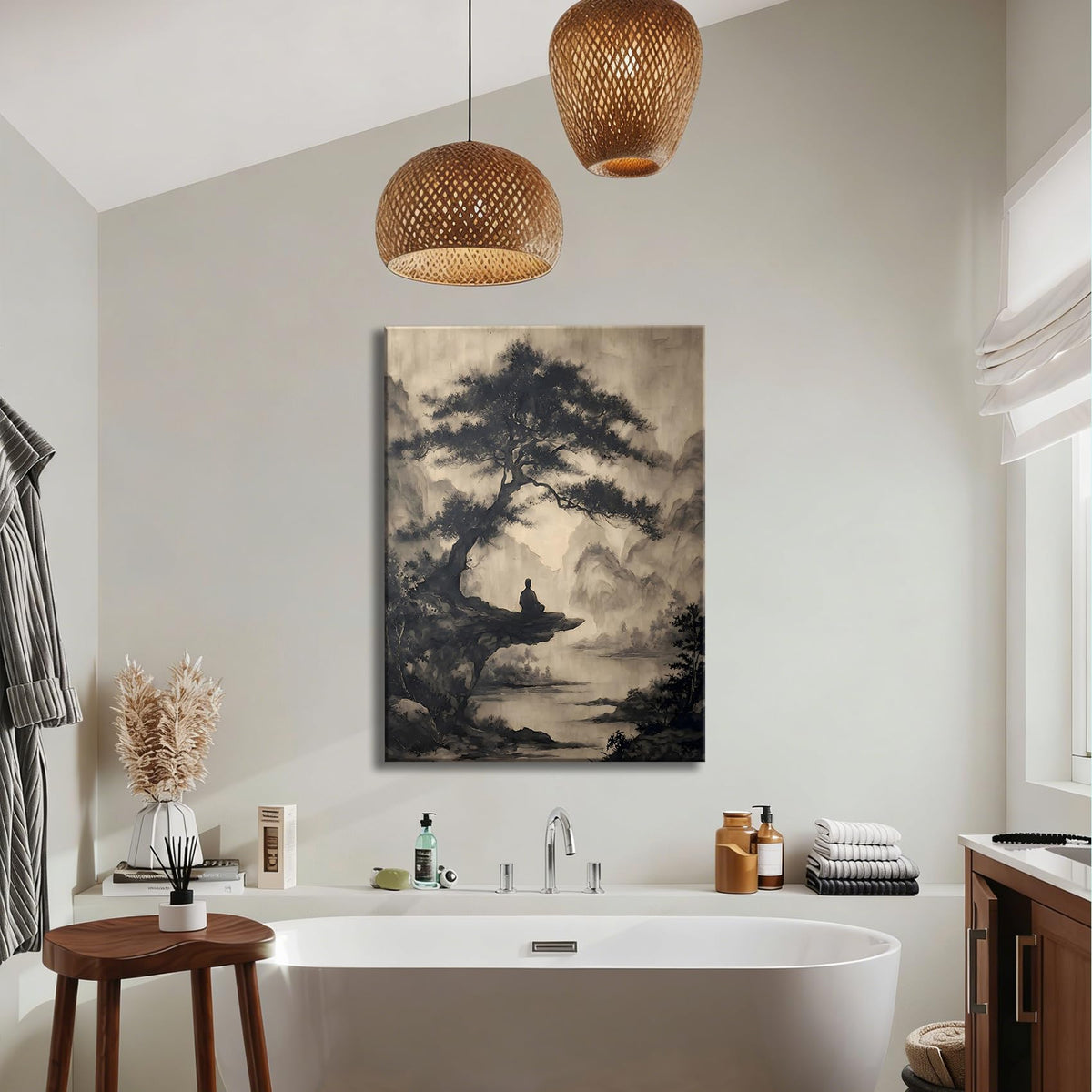 Framed Chinese Ink Meditation Monk Canvas Wall Art (Pictures30 / 30"L x 20"W)