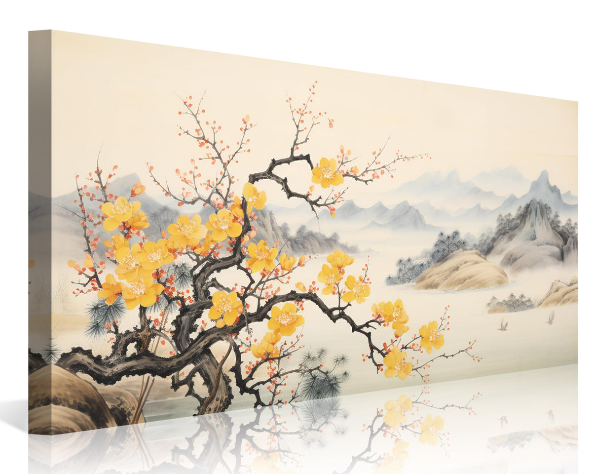 Asian Wall Art Traditional Chinese Painting Oriental Yellow Plum Blossom Canvas Pictures for Wall Decor Home decor for Living Room Cherry Blossom Decor Landscape Artwork Framed Ready to Hang (Yellow Blossom-One Piece / 32"L x 16"W)