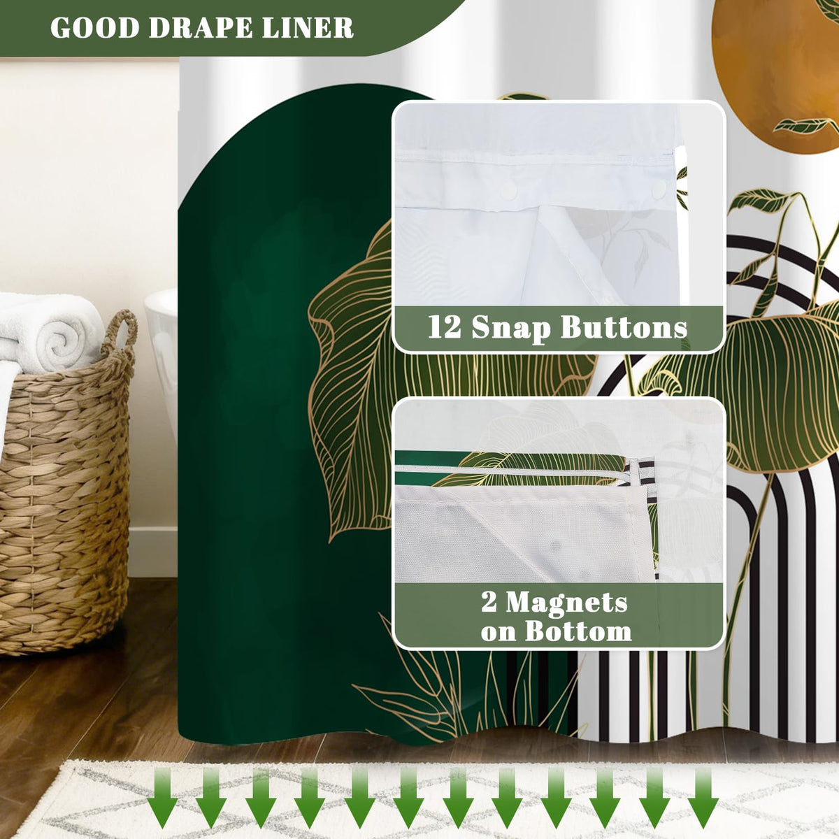 No Hook Shower Curtain with Snap in Liner Set (Boho Tropical Leaf)