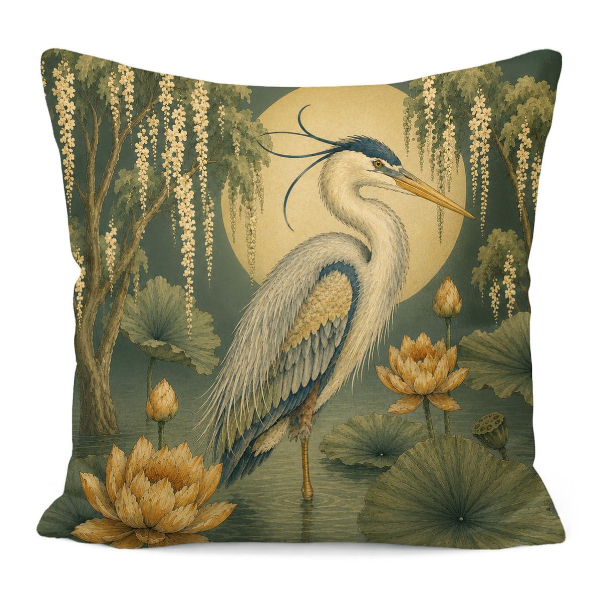 Vintage Great Blue Heron Pillow Cover 18x18 (White-blue Heron Bird 21)